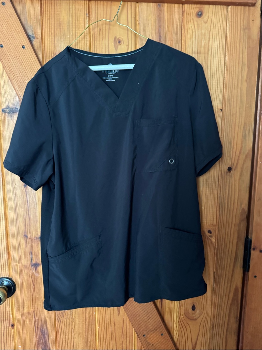 Men's Black V-Neck Scrub Top with Chest and Lower Pockets